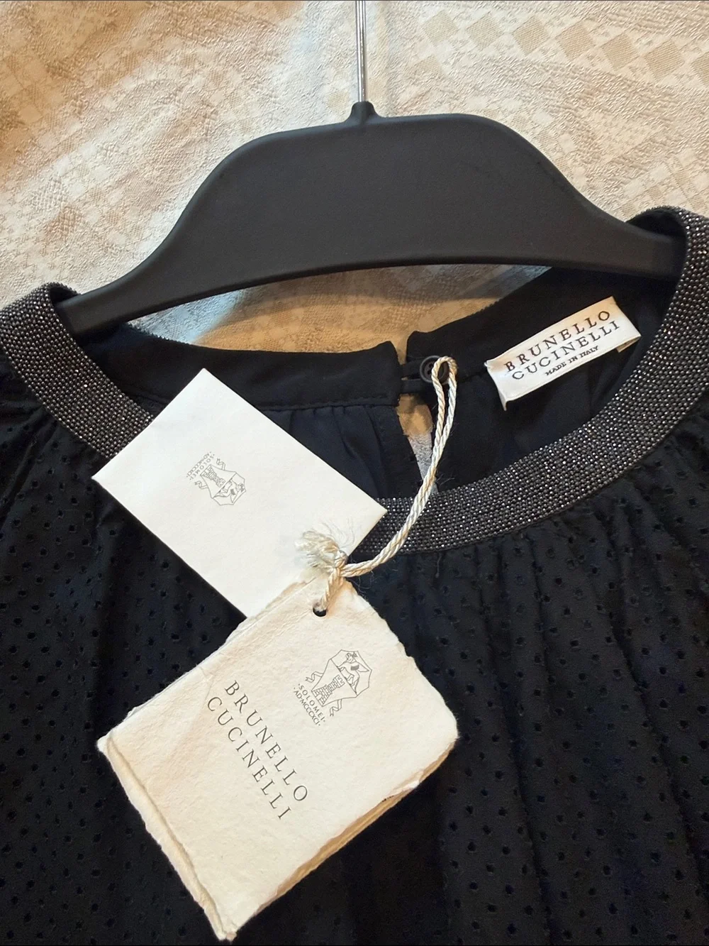 Brunello Cucinelli Black Eyelet Peasant Blouse with Silver Trim